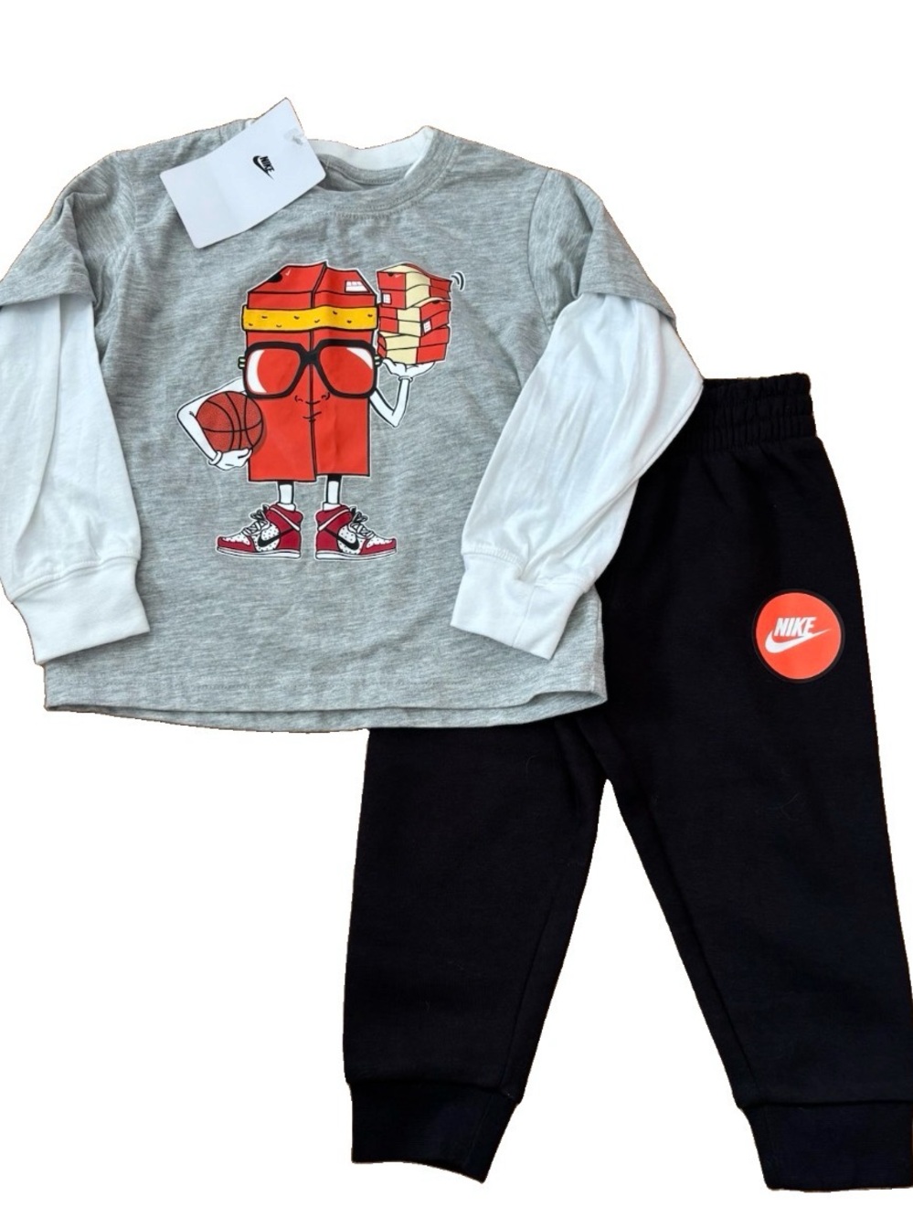 Nike Kids Black Joggers with Graphic Gray Top - Red Accent